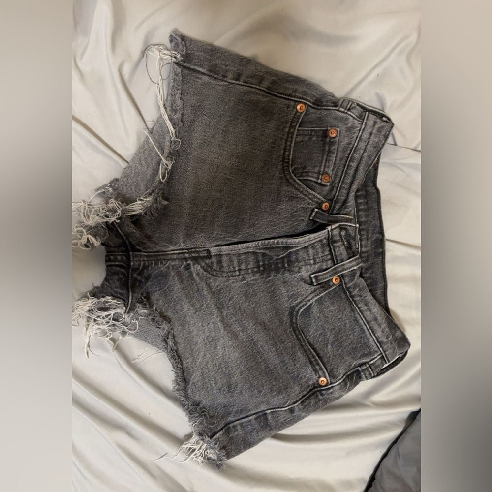 Levi's High Waist Frayed Denim Shorts - Gray